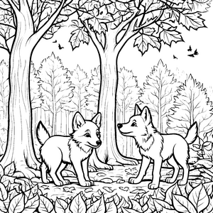 Zwei verspielte Wolfsbabys im bunten Wald Ausmalbild für abenteuerlustige Entdecker