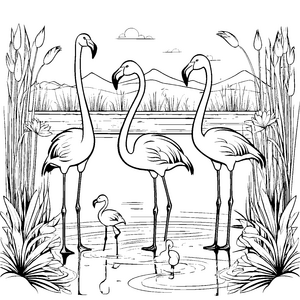 Fünf elegante Flamingos am ruhigen Wasser Ausmalmotiv für kleine Tierabenteurer