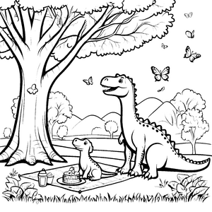 Sonniger Albertosaurus mit fröhlichem Dino-Freund Ausmalvorlage für neugierige Abenteurer