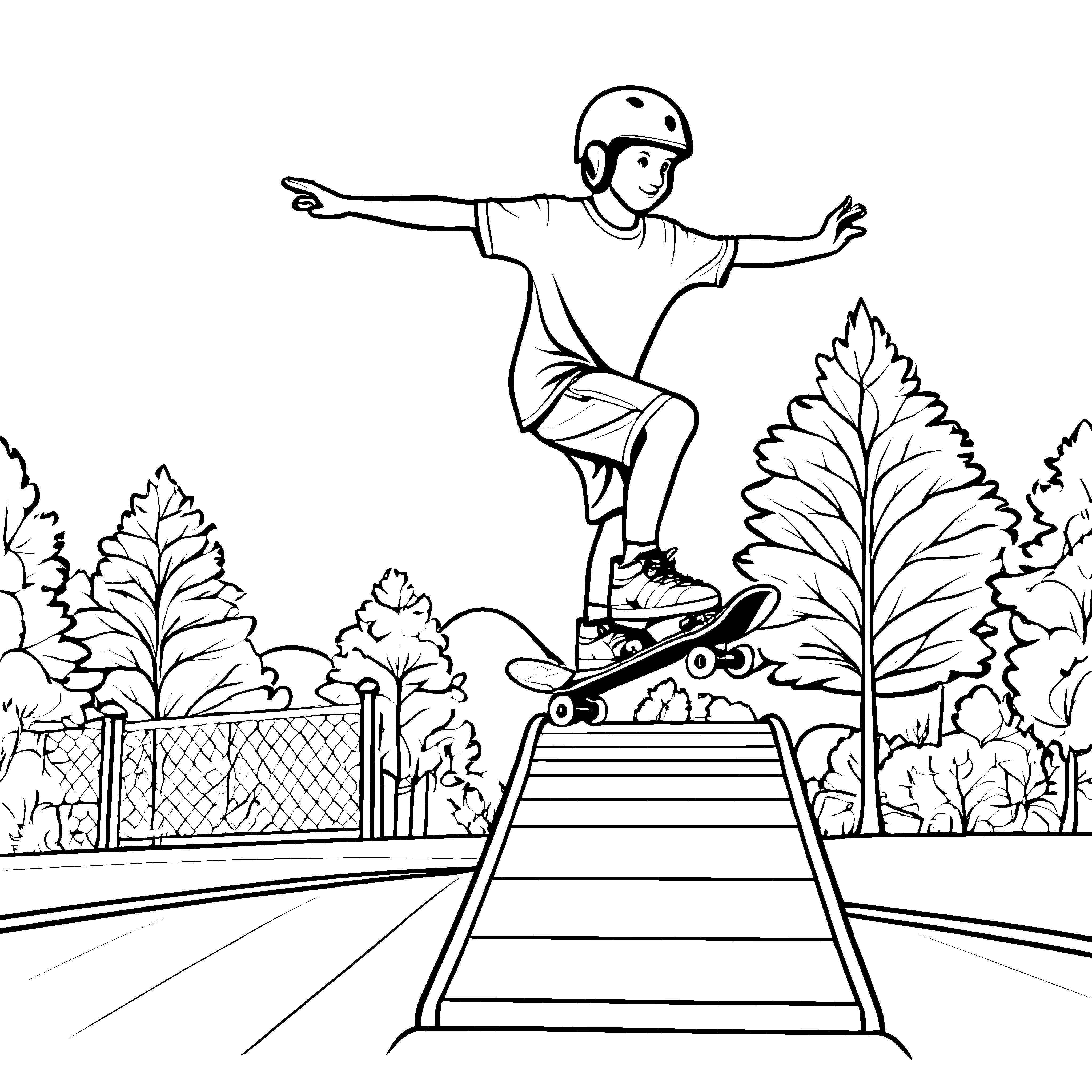 Skateboarder bei einem Trick auf der Rampe Ausmalvorlage für mutige kleine Skater
