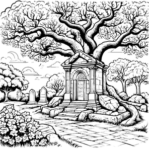Bezaubernde Gruft mit Baum und geheimnisvollem Eingang Ausmalmotiv für kleine Forscher und fantasievolle Künstler
