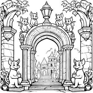 Zauberhafte Gargoyles unter dem Torbogen Ausmalbild für fantasievolle Künstler