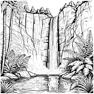 Bezaubernder Wasserfall zwischen prächtigen Bäumen Ausmalmotiv für kleine Entdeckerherzen