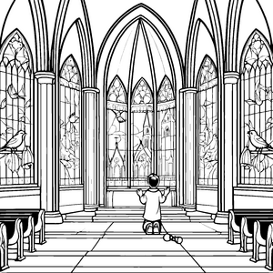 Ergreifende Kirche mit betendem Kind Ausmalbild für kleine Gläubige