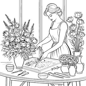 Fantasievolle Blumenarrangement-Künstlerin mit bunten Vasen Ausmalvorlage für kleine Botanik-Fans
