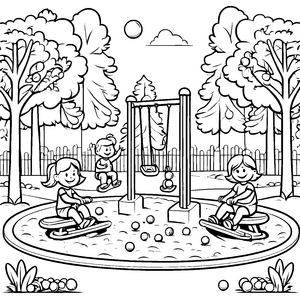 Bezaubernder Spielplatz mit schwingenden Mädchen und Skateboards Ausmalbild für kleine Bewegungsfreunde