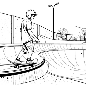 Junge Skateboarder meistert die Abfahrt im Skatepark Ausmalbild für furchtlose Tricksucher