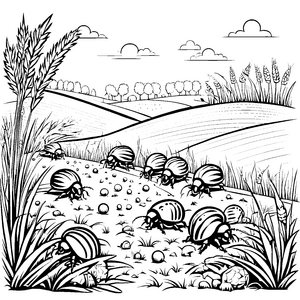 Bunte Mistkäfer auf Kartoffelernte im Gras Ausmalbild für neugierige kleine Sammler