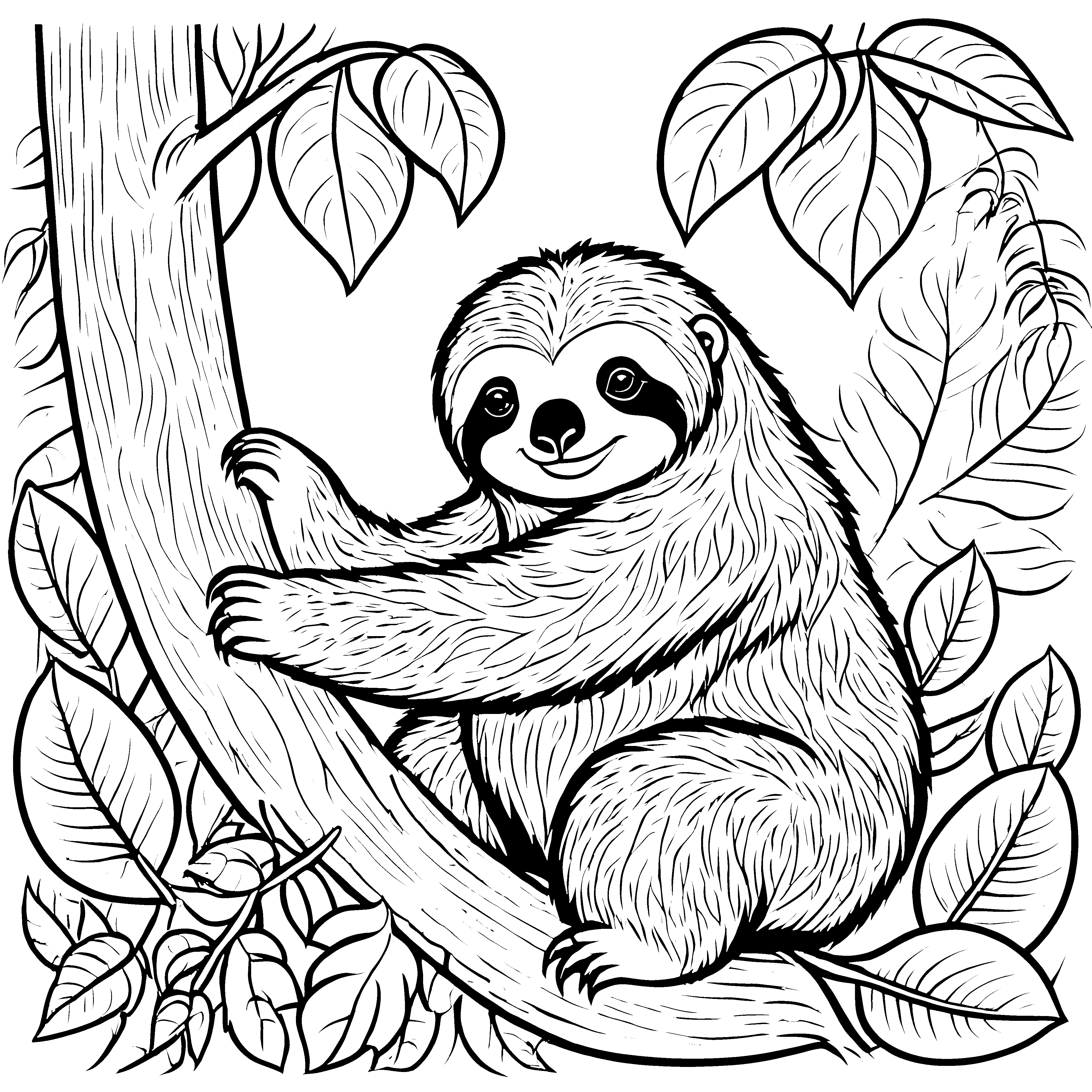 Niedliches Riesenfaultier auf grünem Baum Ausmalbild für imaginative Tierfreunde