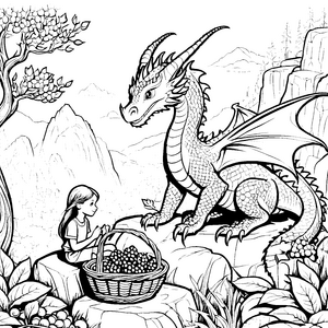 Faszinierender Drache mit frischen Äpfeln Malvorlage für hungrige Entdecker
