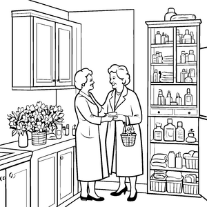 Zwei fröhliche Freundinnen im bunten Medizinschrank Ausmalbild für aufmerksame kleine Gesundheitsleiter und kreative Entdecker