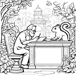 Philosoph mit Eichhörnchen und Buch Ausmalmotiv für wissbegierige Denker