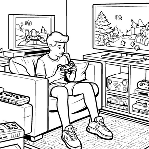 Entspannter Spieler mit Game-Controller auf der Couch Malvorlage für neugierige Freizeitforscher