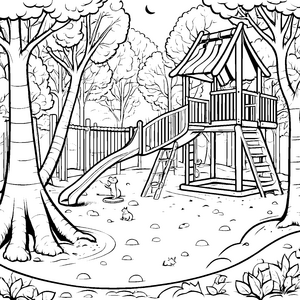 Bezaubernder Spielplatz mit freundlichem Hund und tollen Bäumen Ausmalbild für kleine Träumer mit großen Abenteuern