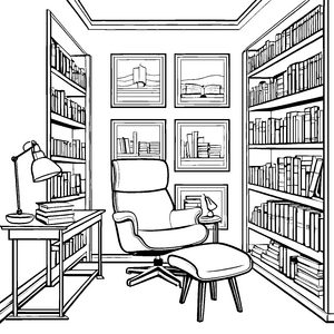 Gemütlicher Relaxsessel umgeben von vielen Büchern Ausmalmotiv für neugierige Bücherwürmer