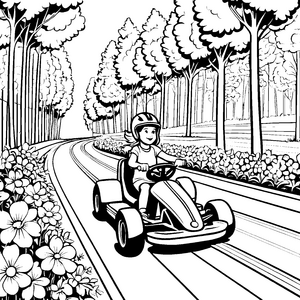 Nostalgisches Go-Kart mit strahlendem Fahrer und schattenspendenden Bäumen Ausmalbild für kleine Rennsportfans mit Phantasie