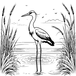Eleganter Storch im ruhigen Wasser Malvorlage für neugierige Wasserforscher