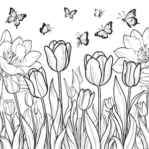 Bezaubernde Tulpen mit schmetterlingen Ausmalbild für kreative Köpfe