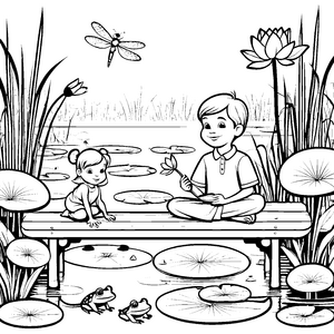 Entspannte Kinder am traumhaften Lotusblüten Teich Malvorlage für kleine Naturforscher