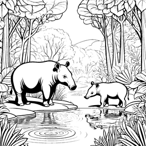 Majestätische Tapire am ruhigen Wasser Malvorlage für kleine Naturentdecker