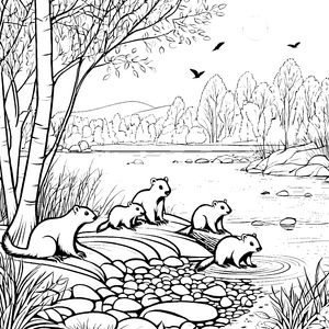 Vier neugierige Biberbabys am glucksenden Fluss Ausmalbild für wissbegierige Entdecker mit Liebe zur Natur