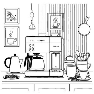 Szenenreiches Kaffeemaschinen-Arrangement mit duftenden Tassen Ausmalbild für genussvolle Entdecker
