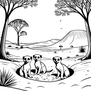Drei neugierige Erdmännchen Jungtiere im Erdmound Ausmalbild für junge Entdecker und Tierfreunde