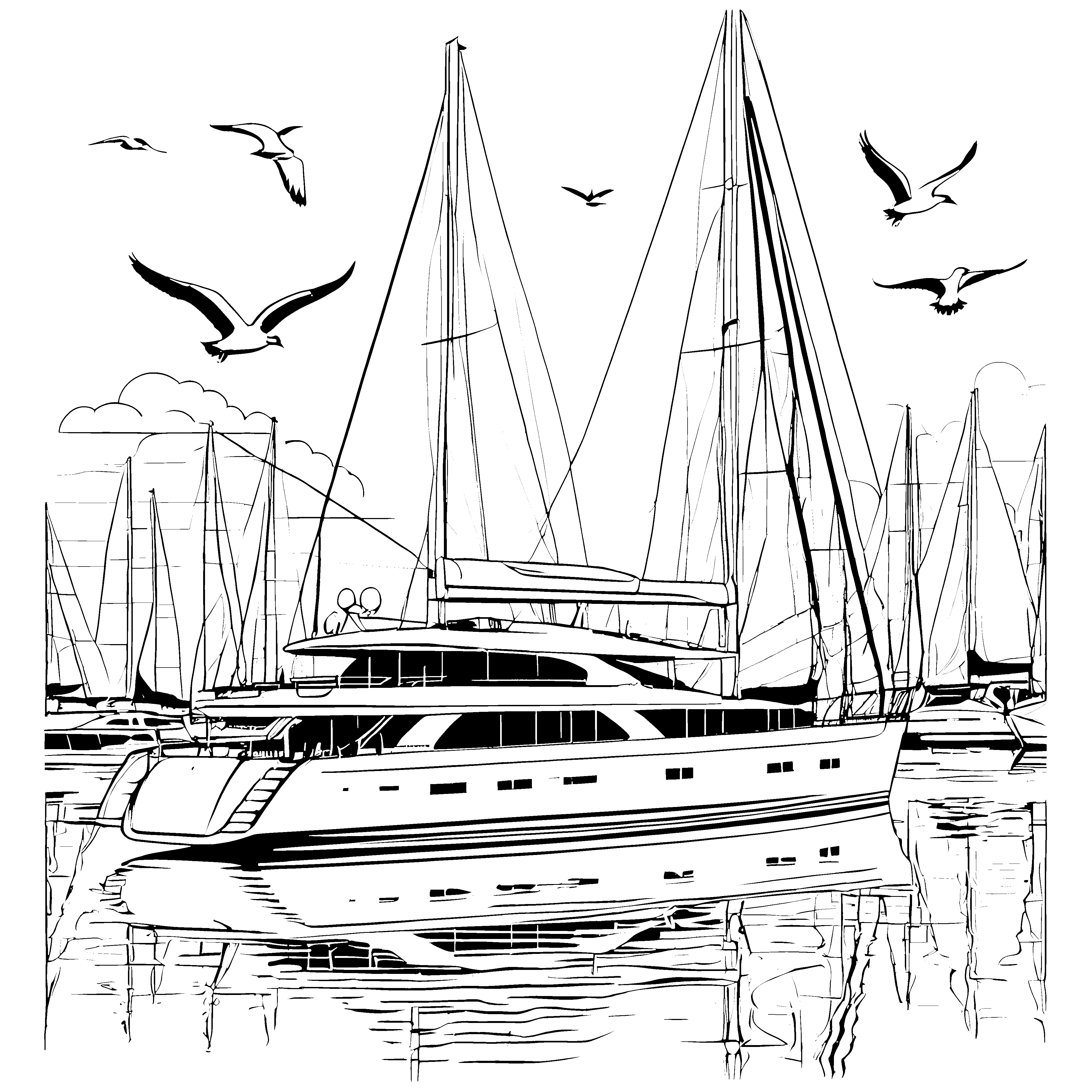 Elegante Yacht im Hafen mit fliegenden Vögeln Ausmalbild für neugierige Wasserratten