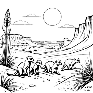 Vier lebhafte Erdmännchen Jungtiere auf Expedition Ausmalbild für kleine Entdecker und abenteuerliche Künstler