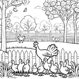 Süße Küken und stolzer Truthahn im bunten Garten Ausmalvorlage für kreative Tierfreunde