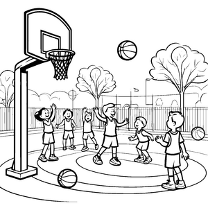 Begeisterte Kinder spielen Basketball im Park Ausmalbild für sportliche Entdecker