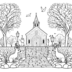 Rustikale Kirche mit neugierigen Rehen Ausmalbild für junge Entdecker
