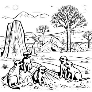 Fünf verspielte Erdmännchen Jungtiere auf großen Felsen Ausmalvorlage für kleine Abenteurer und fantasievolle Tierforscher