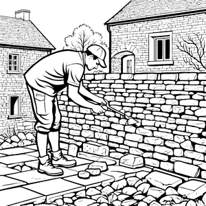 Ruhiger Handwerker mit Pickaxe an der Mauer Ausmalbild für geschickte Baukünstler