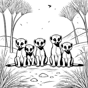 Fünf freundliche Erdmännchen Jungtiere im Kreis Ausmalvorlage für neugierige Naturentdecker