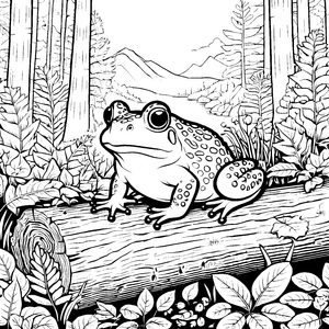 Frog auf Baumstamm zwischen bunten Blättern Ausmalvorlage für abenteuerliche Naturentdecker