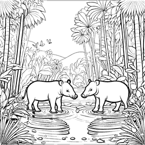Zwei harmonische Tapire im tropischen Dschungel Ausmalvorlage für abenteuerlustige Tierfreunde