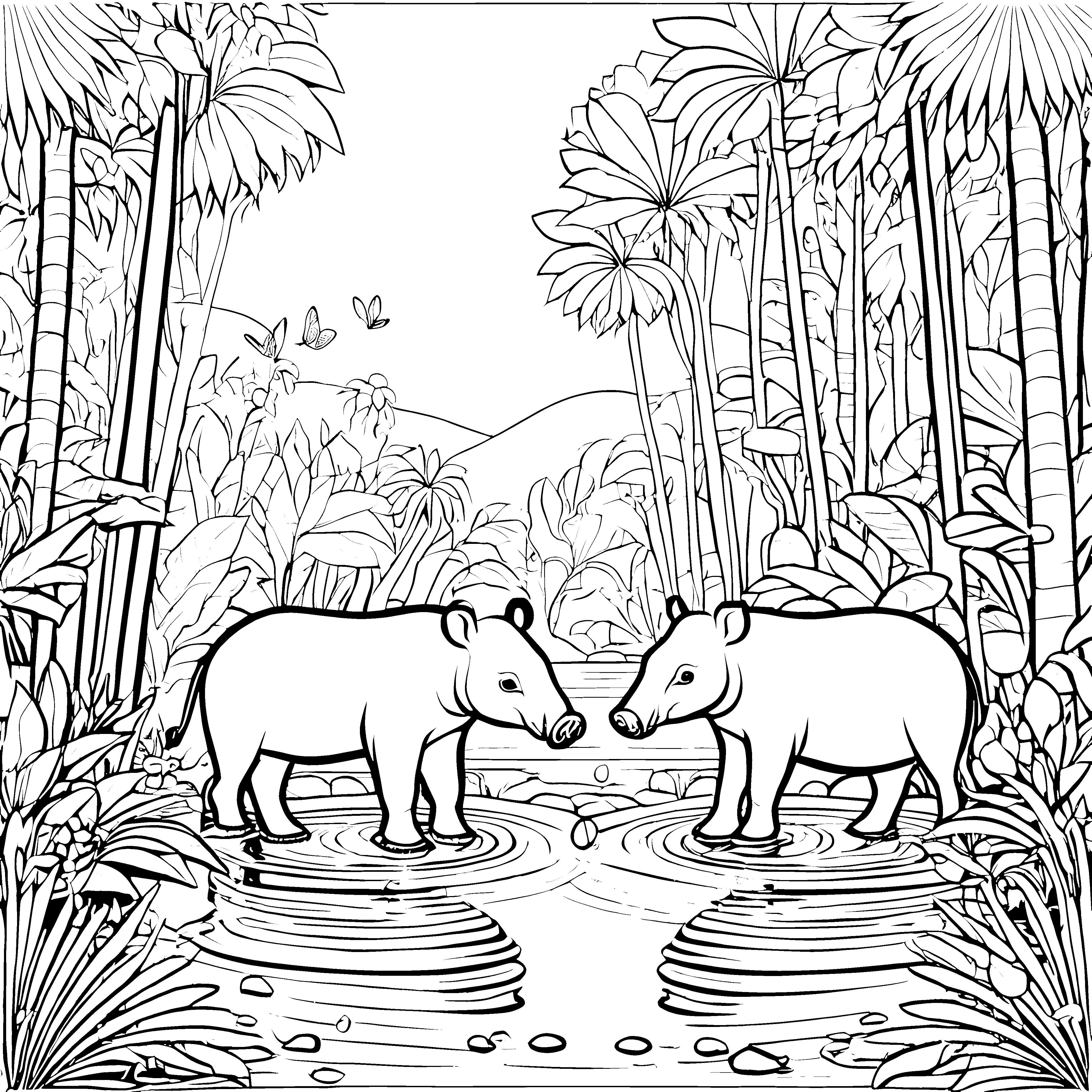 Zwei harmonische Tapire im tropischen Dschungel Ausmalvorlage für abenteuerlustige Tierfreunde