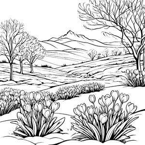 Bezaubernde Krokusse im schneebedeckten Feld Ausmalvorlage für träumerische Künstler mit blühenden Ideen
