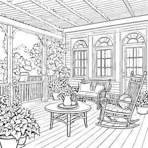 Harmonischer Landhausstil-Tisch mit blühenden Pflanzen Ausmalbild für neugierige Entdecker in der Natur