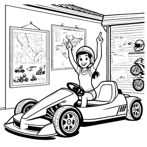 Buntes Go-Kart mit strahlendem Mädchen im Helm Ausmalmotiv für begeisterte kleine Rennfahrer