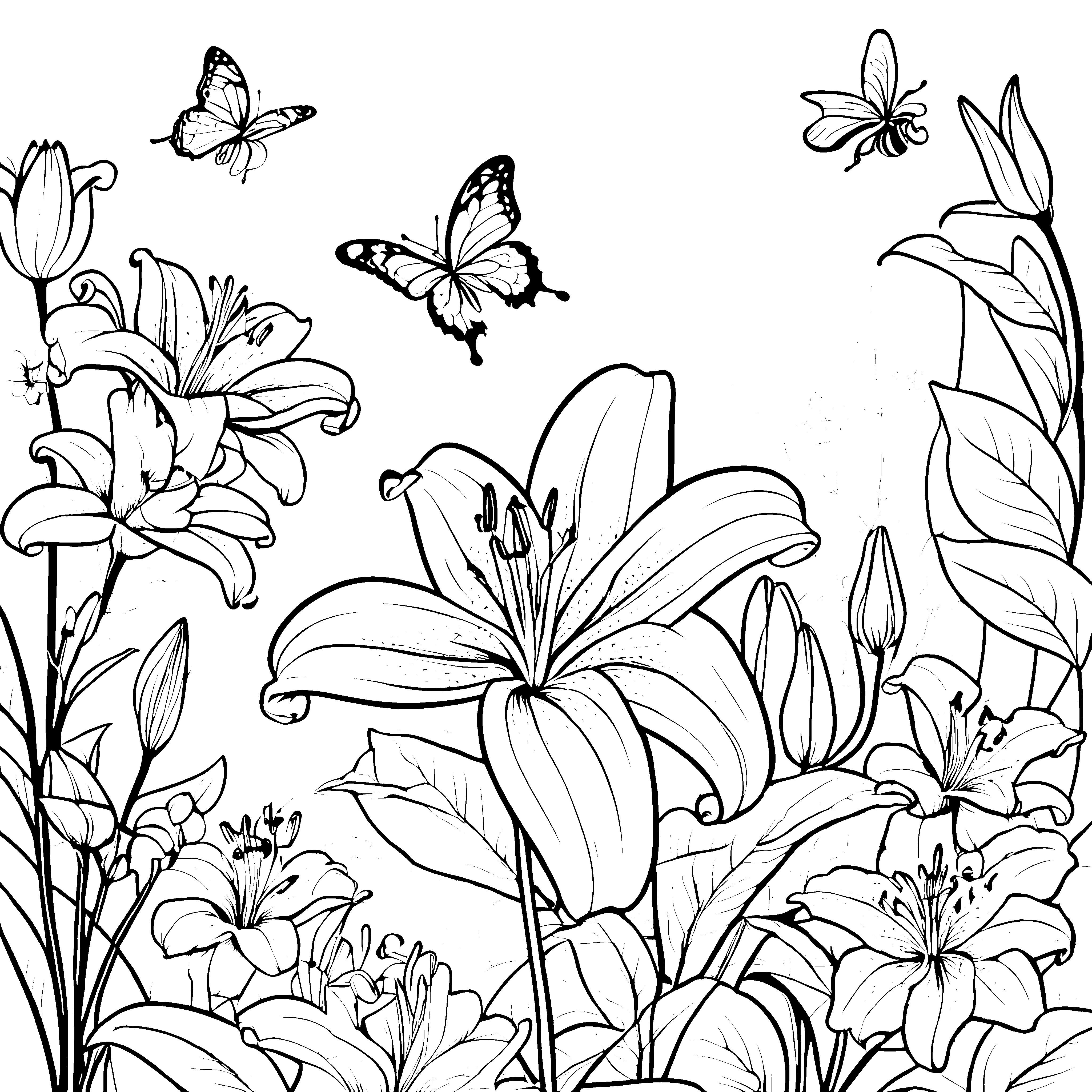 Zauberhafte Lilien mit tanzenden Schmetterlingen Bastelvorlage für neugierige Gartenentdecker