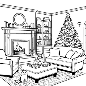 Flauschige Katzen unterm festlichen Weihnachtsbaum Ausmalmotiv für kreative Kuscheltiere