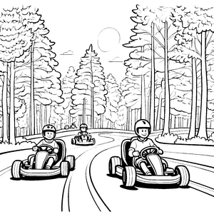Rasantes Go-Kart mit lachendem Fahrgast und grünen Bäumen Ausmalmotivation für kleine Abenteuerliebhaber