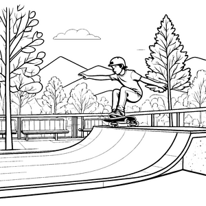 Dynamischer Skateboarder über der spannenden Rampe Ausmalmotiv für kreative Sportler
