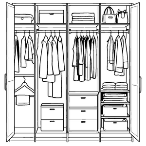 Vielseitiger Wäscheschrank mit fröhlichen Kleidungsstücken Ausmalbild für kleine Modeabenteurer
