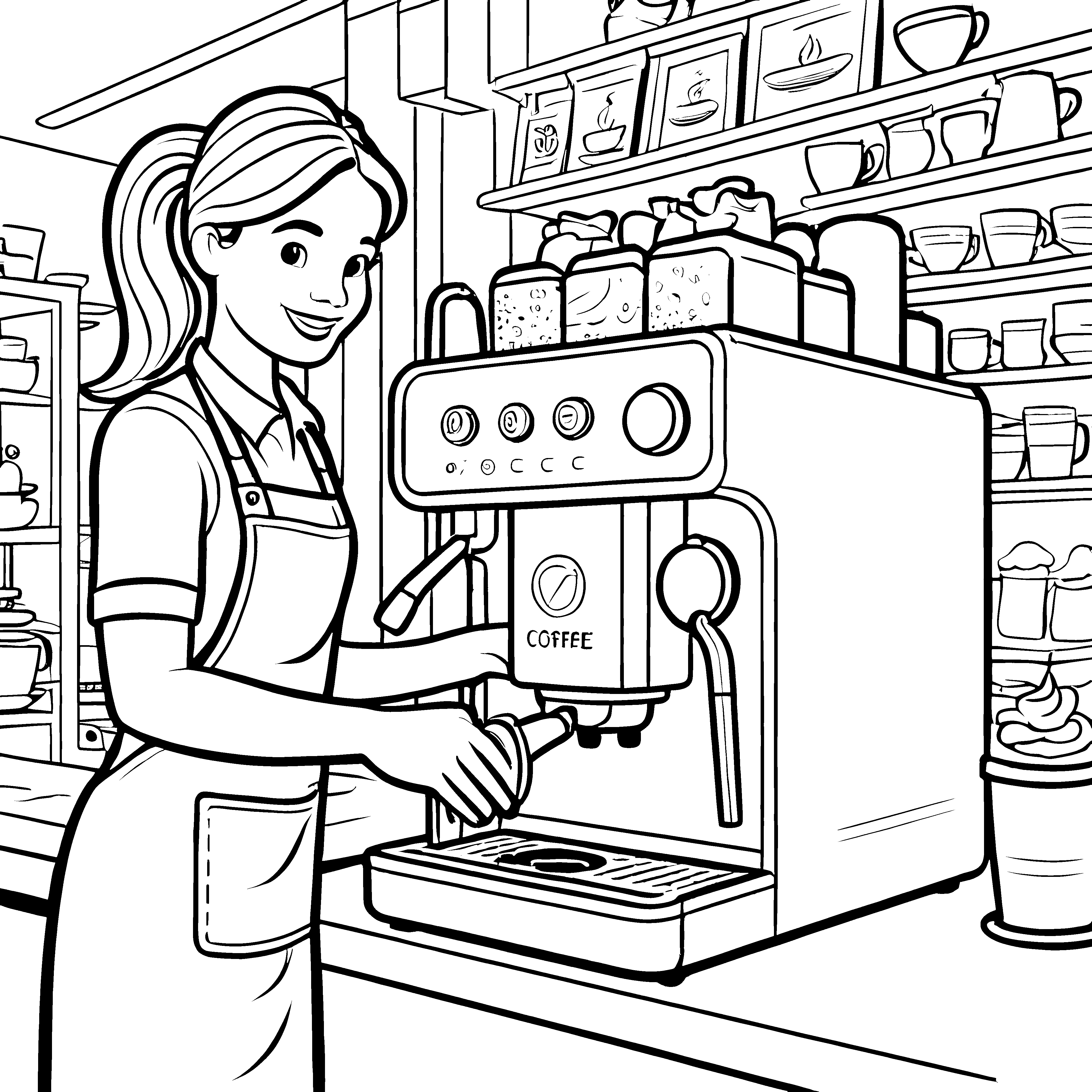 Kreative Kaffeemaschine mit dampfendem Kaffeegenuss Malvorlage für kleine Genussentdecker