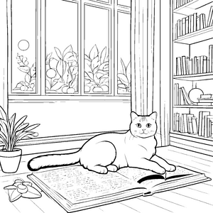 Gemütliche Britisch Kurzhaar Katze auf dem Buch Ausmalvorlage für entspannte Katzenfans