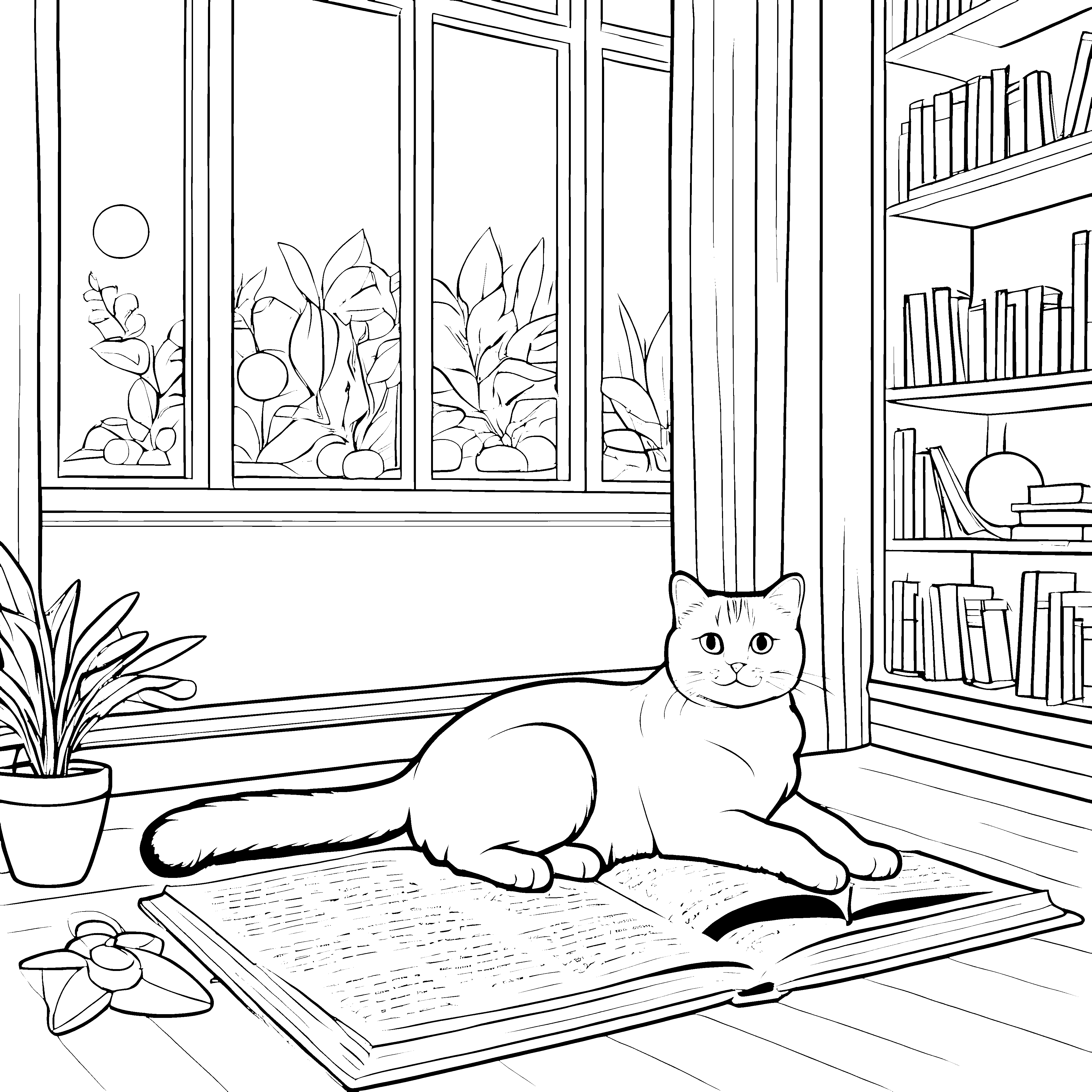 Gemütliche Britisch Kurzhaar Katze auf dem Buch Ausmalvorlage für entspannte Katzenfans
