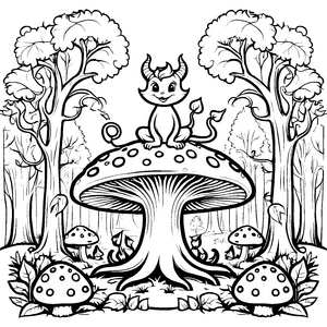 Teufelchen auf dem bunten Pilz Ausmalmotiv für fantasievolle Mini-Abenteurer